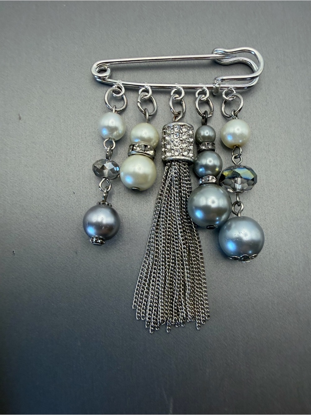 Silver-Tone Tassel Brooch with Grey Faux Pearls and Rhinestones Safety Pin